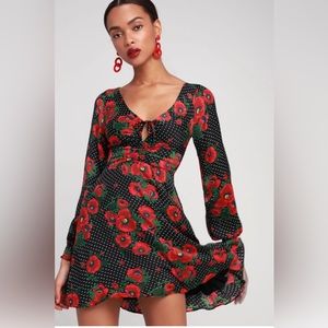 Free People Morning Light Black Print Long Sleeve Mini Dress